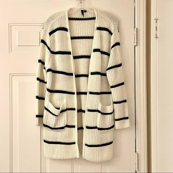 moon & madison Sweaters - Long cardigan white sweater with navy stripe NWOT